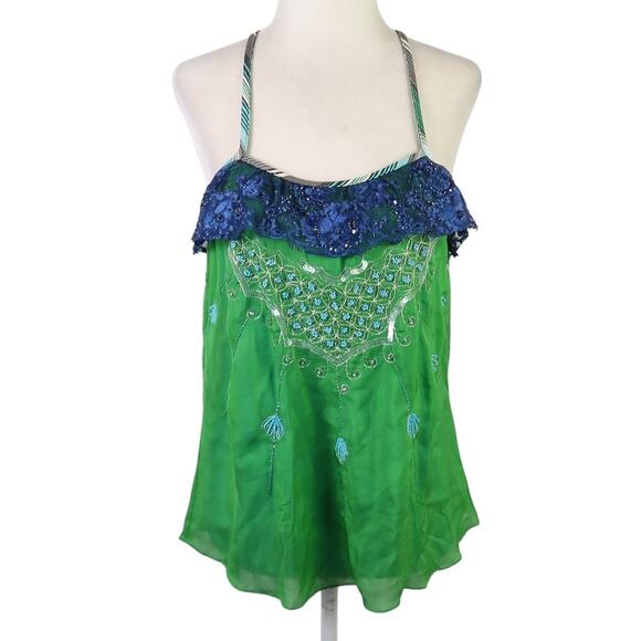 Vintage Y2K Free People Green Silk Turquoise Beaded Tank Top 2 - Picture 1 of 10